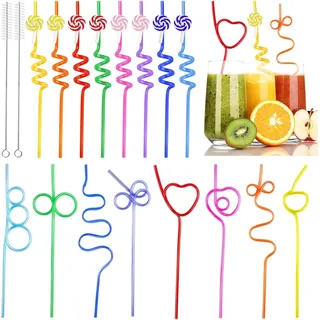 REJOECE 16 Stück Bunte Strohhalme Plastik, Gelockt Formen Strohhalm, Wiederverwendbare Trinkhalme, Party Strohhalme für Weihnachten Party Dekorationen Zubehör Urlaub Cocktail Party Favors