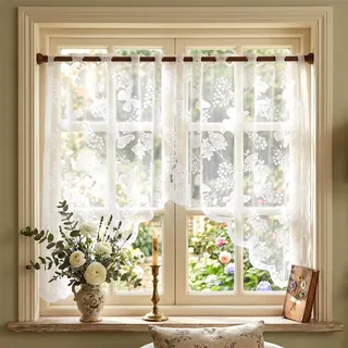 JJUNW 1 Stück Schmetterling Spitze Scheibengardine, 160x100cm Scheibengardinen Modern Bistrogardine Weiß Schmetterlinge und Blumen Transparentgardine Spitze Voile Gardinen für Café Küche Schlafzimmer