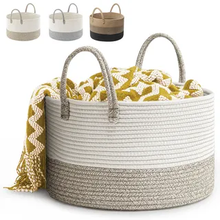 Rieeyrslza Wäschekorb für Decken 32L Geflochten Wäschesammler Baumwolle Seil Korb Faltbare Vielseitiger Aufbewahrungskorb mit Henkel Geeignet für Wohnzimmer und Schlafzimmer(Braun)