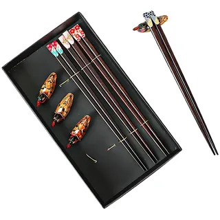 ONEBO 4 Paar Essstäbchen Geschenkset, Wiederverwendbare natürliche Holzstäbchen Essstäbchen, Stäbchen Zum Essen, Sushi Stäbchen mit 4 Essstäbchenablage - Japanischen Stil (Schwarz, 22.9cm)