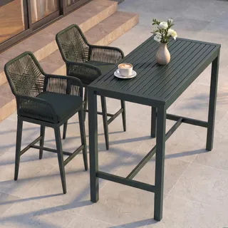 Set Bartisch + 2x Barhocker HWC-P91, Barstuhl Stehtisch, Outdoor Sitzpolster Seilgeflecht Metall grün - Grün