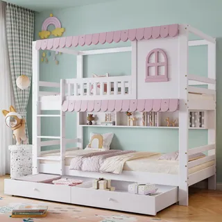 Etagenbett mit 2 Liegeflächen und Stauraum (90x200 cm) Kinderbett mit Regal, Gardinen, Schubladen und Rausfallschutz, Kiefer - Weiß
