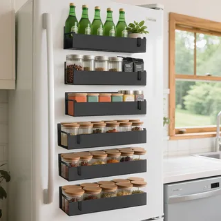 OUUTMEE 6er-Pack magnetischer Gewürzregal-Organizer für Kühlschrank und Backofen, bewegliches magnetisches Gewürzregal zum Aufhängen in der Küche mit 6 Haken, schwarz