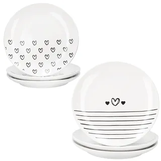 MamboCat Cupid 6er Set Kuchenteller I Ø 18,5 cm I Porzellan Frühstücksteller schwarz weiß je 3x Herzmotiv & 3x Streifen I Dessertteller für Kuchen, Frühstück & Kaffeezeit