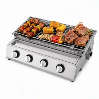 57 x 39 x 17.5CM 4 Brenner Gasbräter, Edelstahl 2800Pa Elektronische Zündung Abnehmbarer Grill Tischgrill Gastrobräter Campinggrill Gasgrill mit Grillrost für Camping Balkon Garten Outdoor
