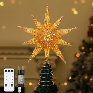 Lewondr Weihnachtsbaumspitze Stern, 13Zoll 10-zackiger leuchtender Weihnachtsstern Baumspitze mit Stecker und Fernbedienung für Weihnachtsdekoration, 6H Timer & 8 Beleuchtungsmodi, Warmlicht, Gold