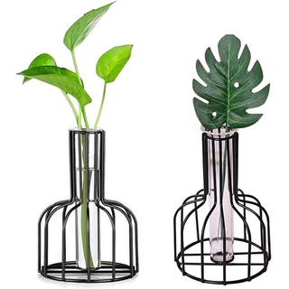 2 Stück Vase aus Eisen Glas Vase Schwarz Kleine Vasen Für Tischdeko Blumenvase Modern Bud Hydroponic Glasvase Reagenzgläser Für Blumen Hochzeit Wohnzimmer Deko Tablett Tisch Bad Dekoration (black2)