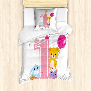 ABAKUHAUS 1. Geburtstag Mantele, Prinzessin Girl Party, Milbensicher Allergiker geeignet mit Kissenbezügen, 135 cm x 200 cm - 80 x 80 cm, Blassrosa und Pink - Rosa