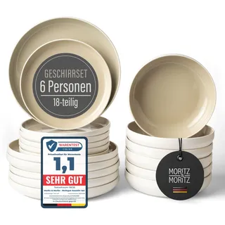 Moritz & Moritz Steingut Geschirr Set 6 Personen – 18-tlg. Teller Set mit Servierteller, Dessertteller & Suppenteller – Farbe Sand/Beige – Serie Cavo