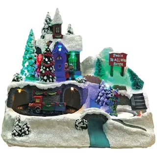 Hellum LED Weihnachtsdorf mit fahrendem Zug, Bergdorfszene im Fiberoptikstil, Weihnachtsdeko innen batteriebetrieben mit bunte Beleuchtung 3xAA 22x14x19cm 524390