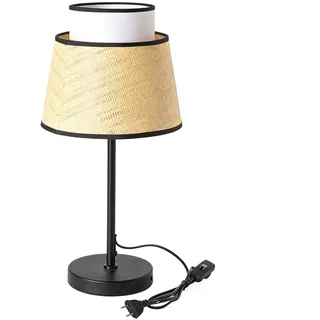 Alpinaluz Tischleuchte aus Metall und Rattan, Schwarze Tischlampe mit Doppeltem Lampenschirm in Natur und Weiß, E27 Nachttischlampe für Schlafzimmer u