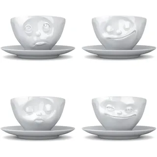 Fiftyeight TV Tassen Kaffeetasse 4er Set, Grinsend, Küssend, Glücklich, Och Bitte, Kaffee Tasse, Cappuccinotasse, mit Untersetzer, aus Porzellan, Weiß, 200ml