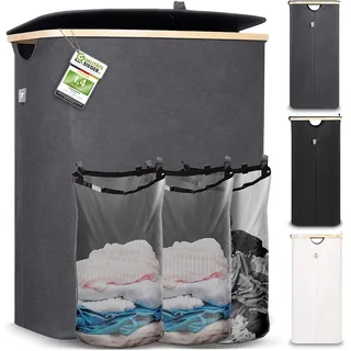 HENNEZ Wäschebox 150L - Wäschekorb 3 Fächer 60 cm Breit, Deckel - Wäschesortierer mit Wäschesack - Laundry Baskets - Wäschetonne - Wäsche Sortiersystem - Wäschesammler - Washing Basket - Grau Bambus