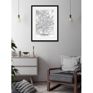 Bild QUEENCE "Frankfurt Stadtkarte", weiß (farbe rahmen: schwarz, farbe bild(er): weiß), B:50cm H:70cm, Acrylglas, Holz, Papier, Bilder, Bild, HD Premium Poster-Druck inkl. Holzrahmen