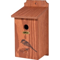 dobar® green label 22365FSCe Nistkasten "Kohlmeise" - Meisenkasten aus Holz - Nisthilfe für Wildvögel - Wetterbeständig - Nistplatz mit Siebdruckmotiv "Kohlmeise" - Ø 32 mm - 17 x 18 x 35 cm - Braun