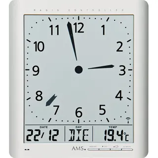 AMS Funk-Wanduhr, Funkwerk mit analoger Zeitanzeige und digitaler Anzeige von Zeit Datum Wochentag Temperatur, 21x24x3cm, 5898