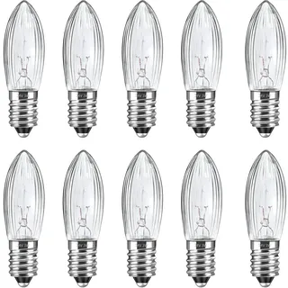 Caldarax 10 Stück Spitzkerze E10 24V 3W Ersatzbirnen Topkerzen für 10 Schwibbogen, Warmweiß 2700K, 30LM, Klar Riffelkerze Spitzschaftkerze für Brennstellen, Lichterketten, Schwibbogen, Weihnachtsbaum