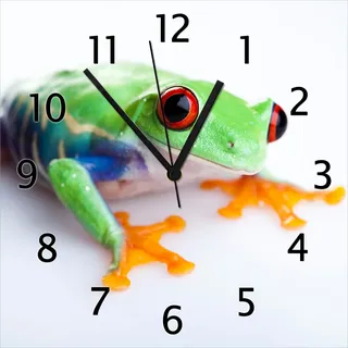 Wallario Design Wanduhr Lustiger Frosch in grün und orange aus Echtglas, Größe 30 x 30 cm - Weiß