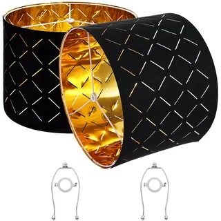 VEVOR Lampenschirm Trommel 33x33x25 cm (oben x unter x hoch), 2 mittelgroße Ersatzschirme aus TC-Gewebe + PET, Lampenschirm mit Harfe für Tischlampen Stehlampen (schwarzes Diamant-Hohldesign)