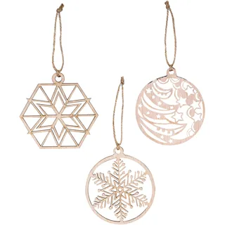 3er Set Deko-Anhänger Weihnachten Holz Birkenholz Schneeflocke Kugel Baumschmuck - Braun