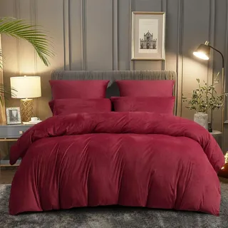Biber Bettwäsche 220x240cm Rot Weinrot Kuschelig Flauschig Microfaser Fleece Wende-Set mit 2 Kissenbezügen 80x80cm - Rot