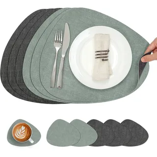 Chitomars Tischsets Kunstleder und Untersetzer, Tischsets Abwaschbar Doppelseitigen rutschfest Platzsets Rund Lederoptik Platzdeckchen Teller Untersetzer (6er Set, Grau Salbeigrün)