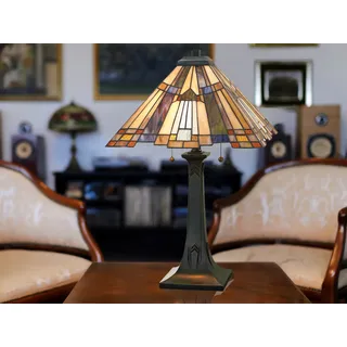 Tiffany Inglenook Metall-Schreibtischlampe Bronze Valiant 2 Lichter E27 - Bunt