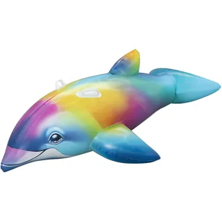 BESTWAY Schwimmtier Regenbogendelfin, 173 x 84 x 46 cm, strapazierfähiges PVC, Color-ShieldTM gegen Ausbleichen, Haltegriffe, Sicherheitsventile, 3 Jahren, max. 45 kg, Reparaturflicken