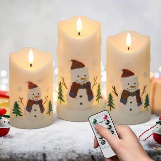 Eldnacele LED Weihnachtskerzen mit Fernbedienung, 3er Set mit Timerfunktion | Schneemann-Relief, flackernde Flamme, warmweißes Licht, flammenlos, für festliche Tisch- und Winterdeko
