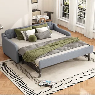Schlafsofa, Tagesbett mit Ausziehfunktion, USB-Anschluss, Leinen, 90x200cm, Grau - Grau