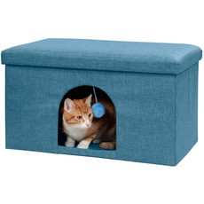 Furhaven Large Pet House Collapsible Ottoman-Footstool Condo Pet Bed - Ocean Blue, Large