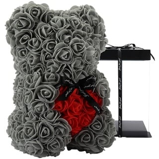 Rosenbär - Rose Teddybär 10 Zoll Hugz Teddy Blumenbär - Über 250 Dutzend künstliche Blumen - einzigartige Geschenke, Geschenke für Frauen Klare Geschenkbox (Gray)