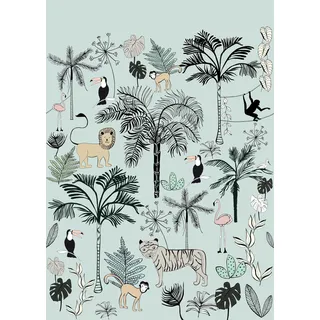 Rasch Tapeten 842197 - Fototapete auf Vlies mit Palmen, Blättern und Tieren in Grau, Blau und Schwarz aus der Kollektion Onszelf Stories - 2,80 m x 2,00 m (LxB)