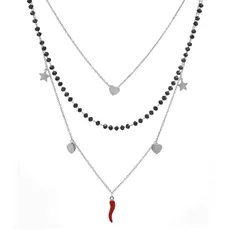 Colours & Beauty Damen-Halskette mit rotem Chilischoten | Glückshornkette | Rote Hornkette Glücksbringer | Anhänger Roter Hörner Glücksbringer | Halsketten aus Stahl für Damen, Edelstahl, Silber