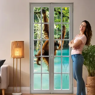 NEU 3D Wandtattooo Fenster mit Ausblick bodentiefes Fenster Lanschaft Wandaufkleber Fensterrahmen selbstklebend Kinderzimmer Bilder Wandtattoo wohnzimmer Bild Wandsticker Affe im Dschungel ff6