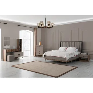 Graue Schlafzimmer Garnitur Doppelbett 2x Nachttische Holz Schminktisch - Grau