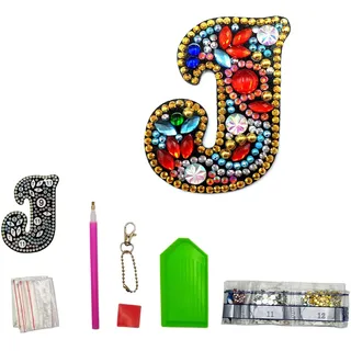 MEDOYOH Buchstaben J DIY Diamantmalerei Schlüsselanhänger, Retro Diamond Painting Buchstabe Schlüsselanhänger Acryl DIY Kunst Strass Diamant für Anhänger Tasche Dekor Brosche