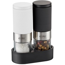 Gefu Salz- und Pfeffermühle TUSOME weiß und schwarz – 2 Mini Gewürzmühlen mit Untersetzer