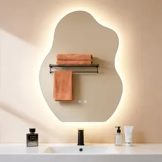 ZMH Spiegel Badezimmer Asymmetrisch LED Badezimmerspiegel 60x80 cm Wandspiegel Bad Touch Schalter Entfogger Funktion 3000K 6500K Lichtspiegel Dimmbar - Weiß