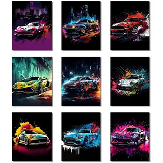 9er Set Neon Auto Poster – Pop Art Supersportwagen Wandbilder in Leinwand-Optik – Bunte Racing Deko für Jungenzimmer, Garage & Büro – Geschenk für Autoliebhaber & Teenager (30x20 cm, ohne Rahmen)