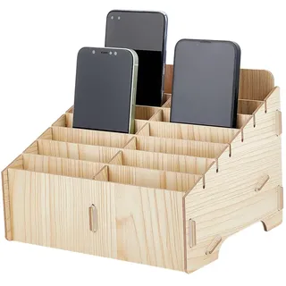 BENECREAT 14 Zellen Handy-Organizer aus Holz, tragbar, multifunktional, Schreibtisch-Organizer für die Aufbewahrung von Büro im Klassenzimmer, Farbe Weizen, 21,8 x 17,6 x 15 cm