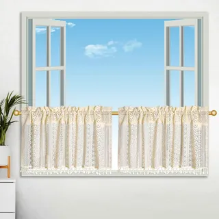 Beydodo Vorhänge Kurz 2er Set, Bistrogardine Landhausstil 90 cm Breit mit Muster Blumen Geometrie Gardinen Halbtransparent 90x60CM Scheibengardinen & Kurzstores Boho Wohnzimmer Küche