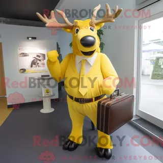 Maskottchen REDBROKOLY eines gelben irischen Elchs mit Bluse und Aktentasche