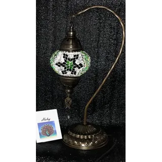 Handgefertigte türkische Tischlampe aus grün-weißem mundgeblasenem Glas mit Mosaik - orientalische Nachttischlampe