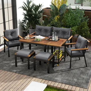 Merax Gartenlounge-Set aus Akazienholz und verzinktem Eisen, Essgruppe mit Sesseln, Hocker, Tisch & Servierwagen - Grau