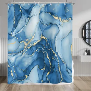 Hnmdmyi Duschvorhang Marmor 180x200, Blau Gold Abstrakt Marmor Badewanne Vorhang Luxus Moderne Ästhetische Kunst Tinte Textur Wasserdicht Polyester Stoff Waschbar Badevorhang mit Haken