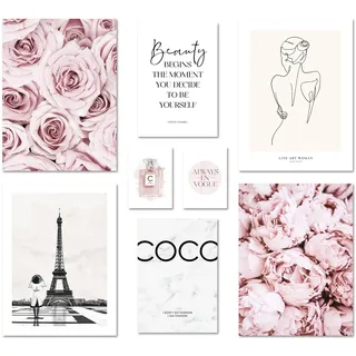 ARTFAVES® Poster Set - COCO ROSE - mehrteilige Wanddeko Wohnzimmer & Schlafzimmer - 8 moderne Wandbilder Rose, Fashion, rosa, Glamour, Blumen, Paris - ohne Bilderrahmen