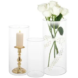 SHUESS Vase Glas, 3 Stück Glasvase, Deko Vase Glas Zylinder for Tischdeko, glasvase Zylinder, Tulpenvase Glas Vase Hoch, Glaszylinder für Flower, Kerze, Hochzeit, 15/20/25cm Hoch