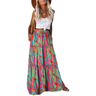 EARKOHA Damen-Maxirock im Boho-Stil, lässig, hohe Taille, fließender langer Rock mit Taschen, für Strandurlaub