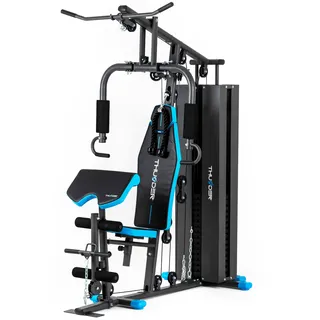THUNDER® | FORCE | Einstationige Kraftstation | Trainingsstation | Gewicht des Ladungsstapels: 87 kg | Bizepsbank | Unterer Seilzug - Schwarz, Blau